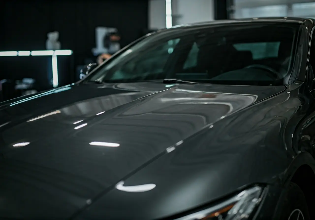 A gleaming car being polished by a professional auto detailer. 35mm stock photo