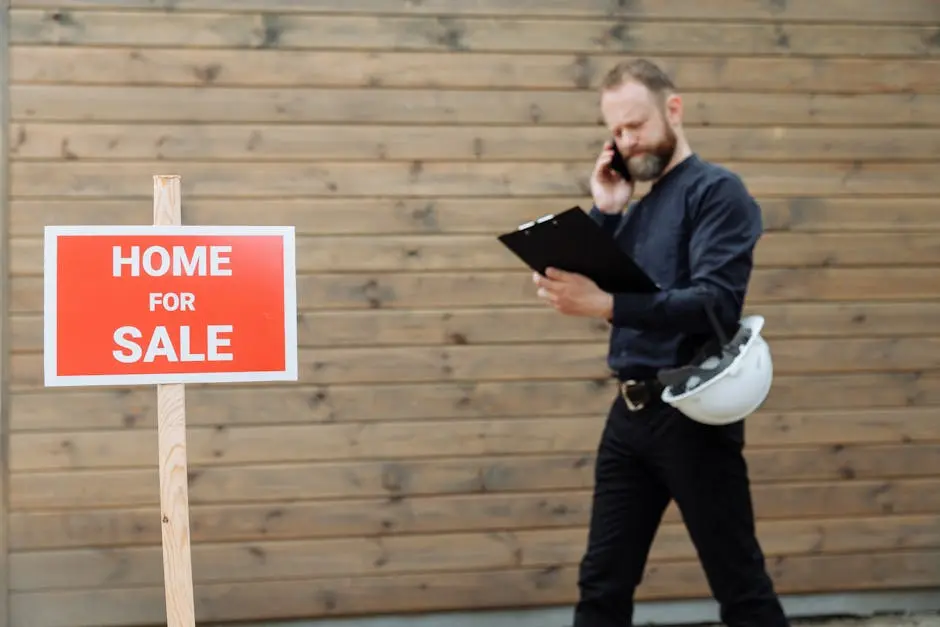 Real estate agent on phone with ‘Home for Sale’ sign outside a property.