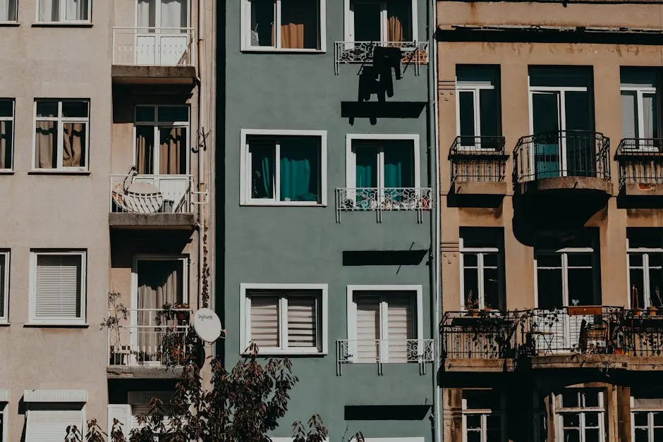 A row of urban apartment buildings with balconies and varied facades basking in sunlight, showcasing city architecture.