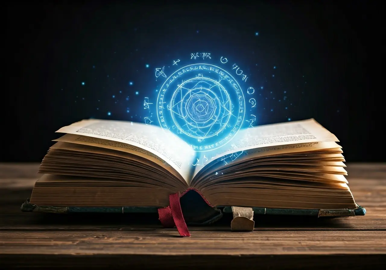 A mystical book with glowing symbols on a wooden table. 35mm stock photo