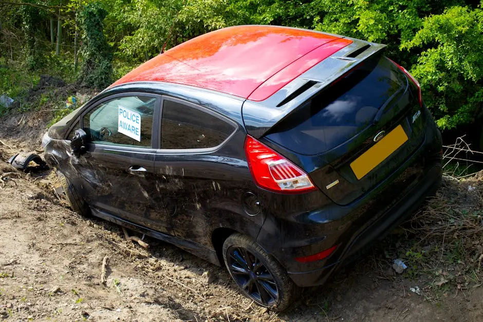 A damaged black Ford Fiesta with a sign ‘Police Aware’ on a dirt road in Welwyn Garden City, UK.