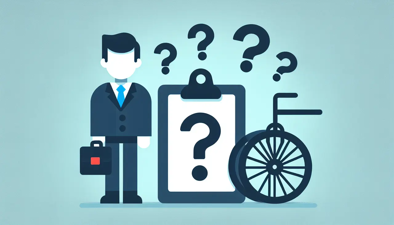 Draw a graphic in flat design style. A flat design illustration of a person in a suit holding a bicycle wheel, standing beside a clipboard with question marks floating above it.