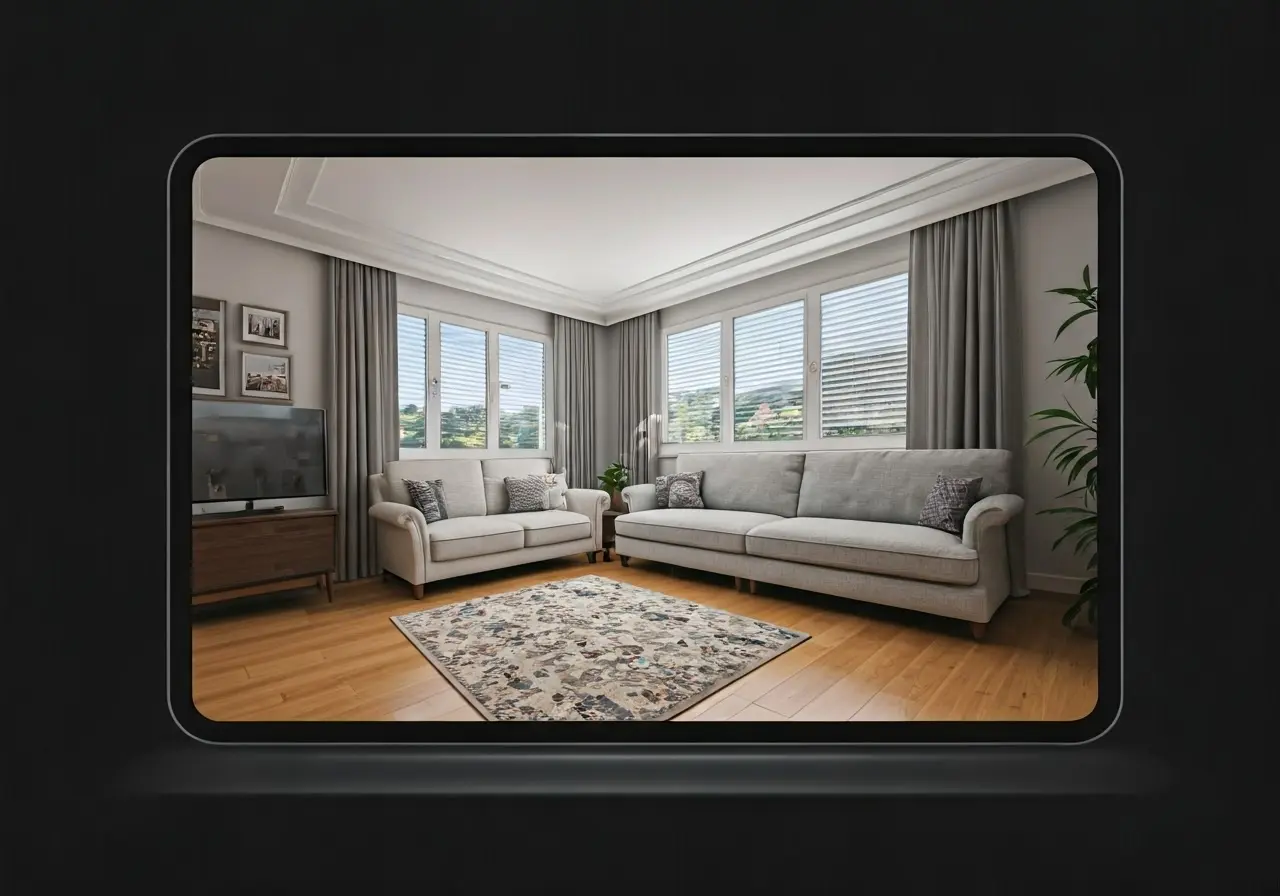 A VR headset displaying a realistic virtual home interior. 35mm stock photo