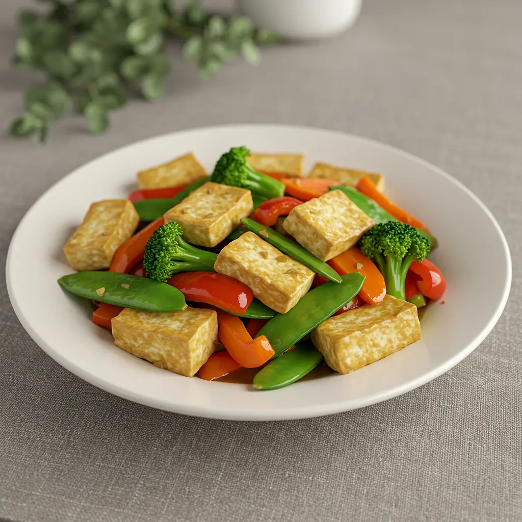 Tofu stir-fried with mixed vegetables in a pan.