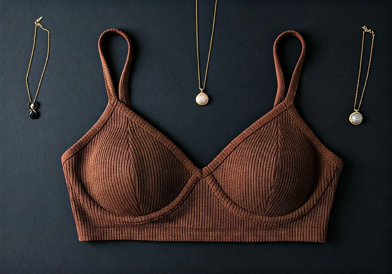 A stylish flat lay of sexy tops with handmade jewelry. 35mm stock photo