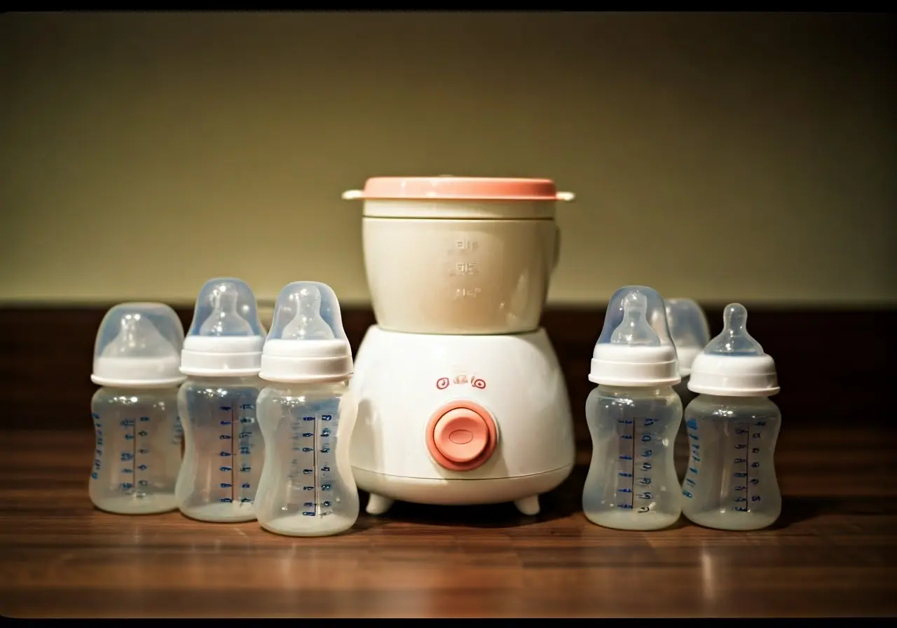 A milk warmer surrounded by baby bottles on a kitchen counter. 35mm stock photo