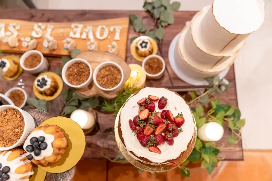 Top view of a wedding dessert table featuring a styled cake with strawberries and assorted pastries.