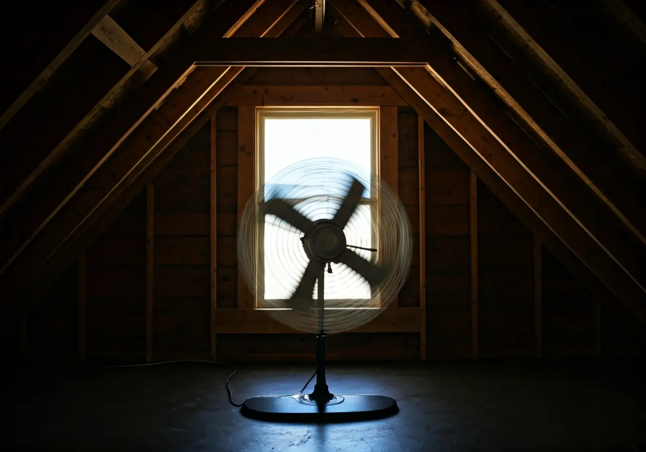An attic fan spinning with sunlight streaming through a window. 35mm stock photo