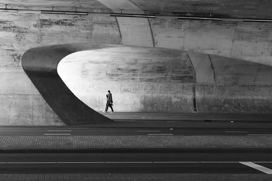 A person walks alone in a modern architectural tunnel, creating a striking urban scene.