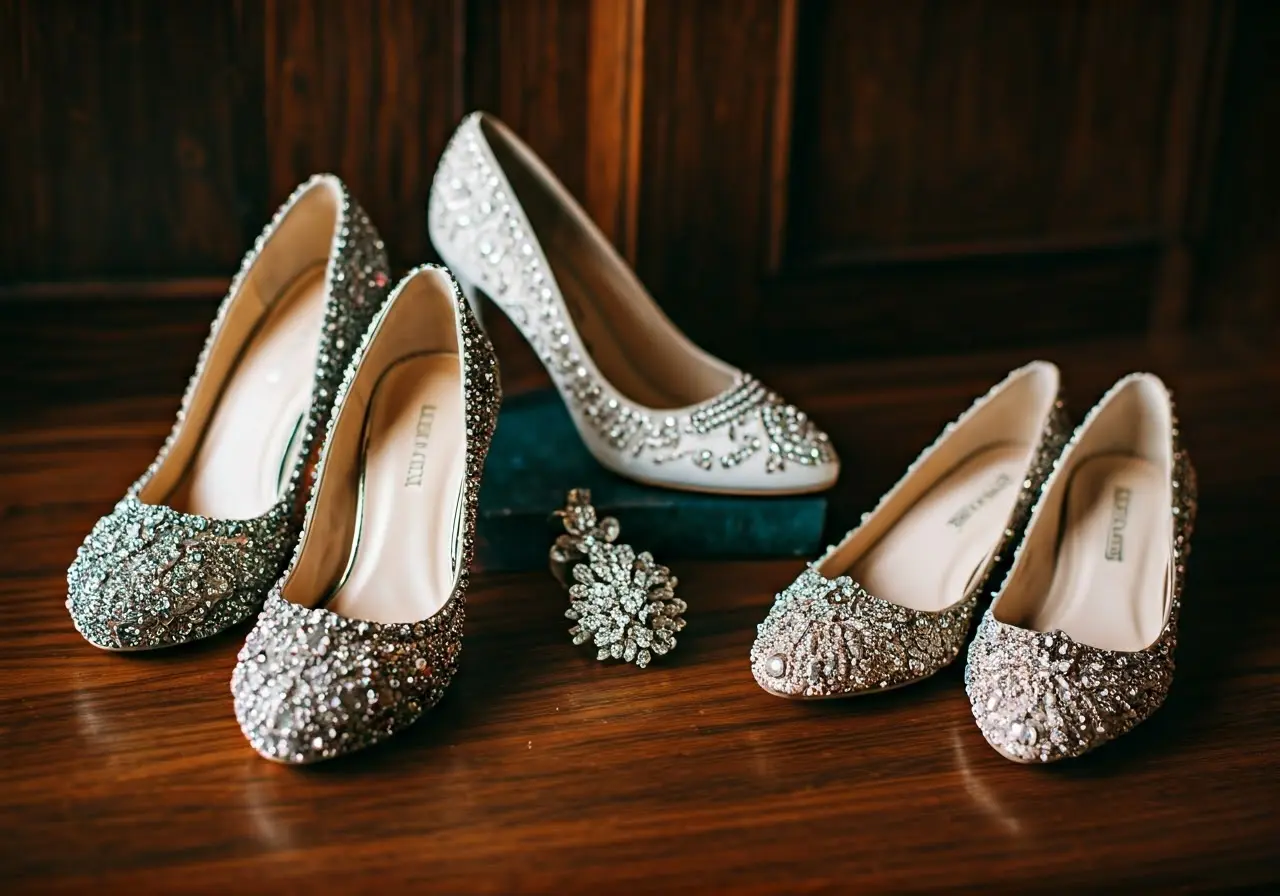 A beautifully arranged array of luxurious bridal accessories displayed. 35mm stock photo