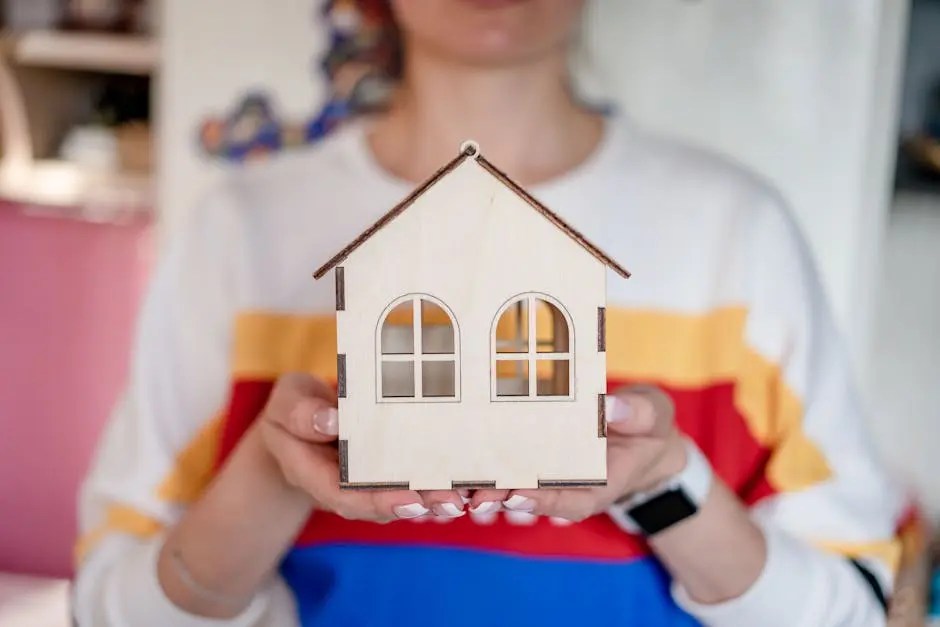 A detailed view of a woman’s hands holding a handmade wooden house model indoors.