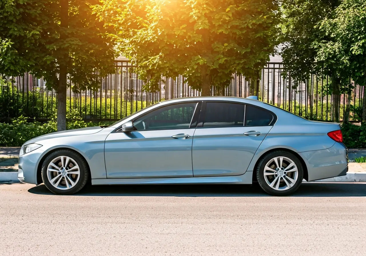 A car with tinted windows parked on a sunny street. 35mm stock photo