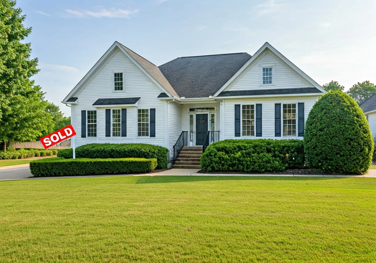 A Virginia house with a Sold sign in the yard. 35mm stock photo