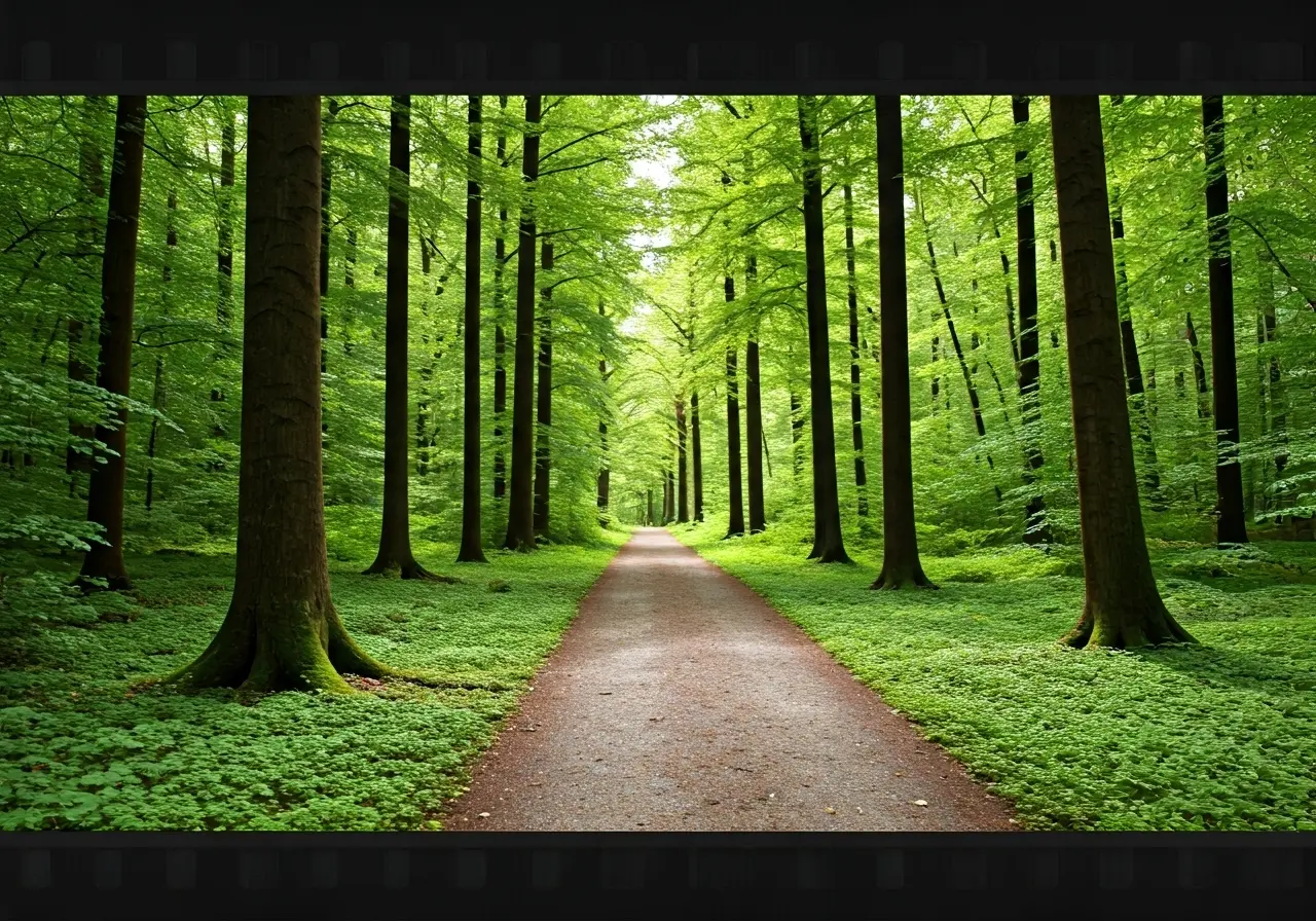 A serene path leading through a lush green forest. 35mm stock photo