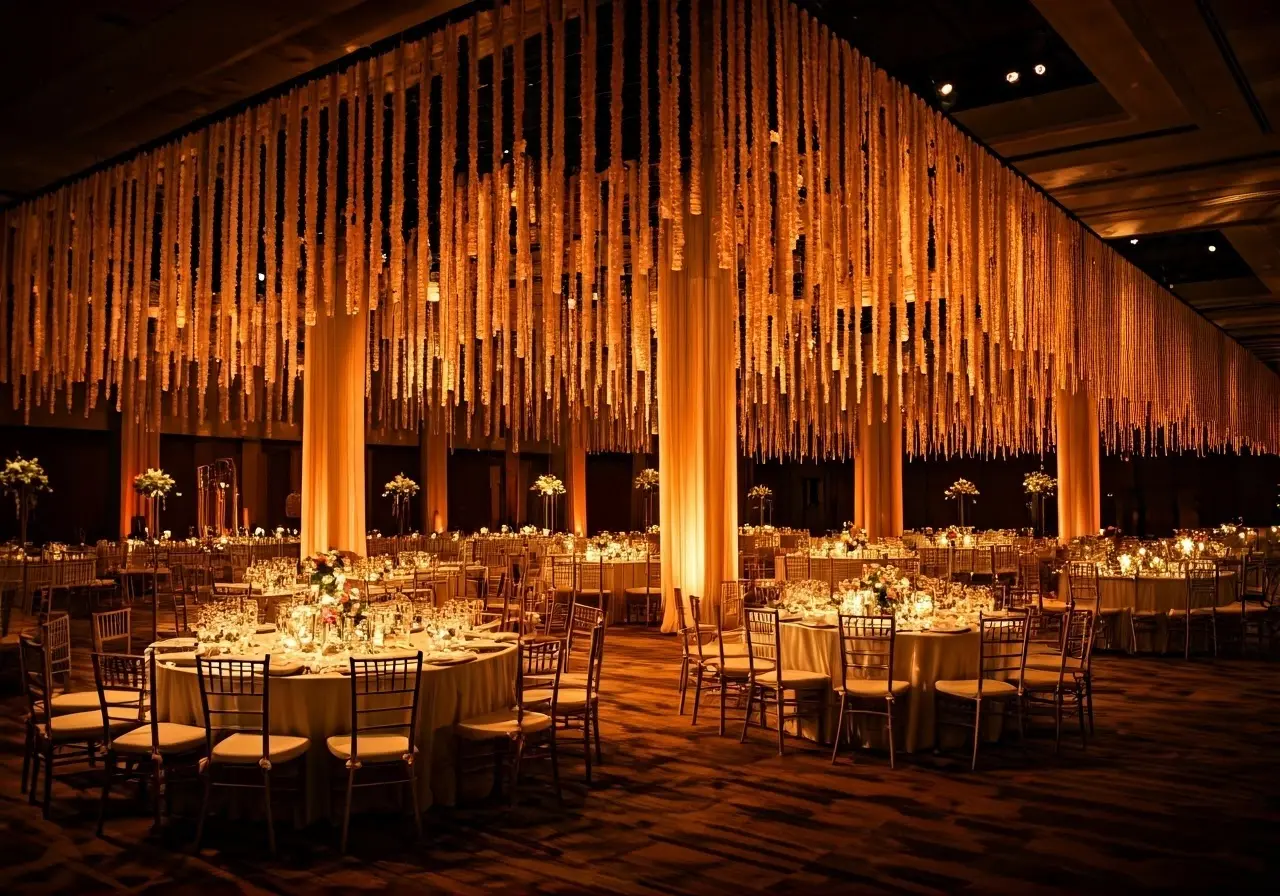 A well-organized event space with elegant decorations and lighting. 35mm stock photo