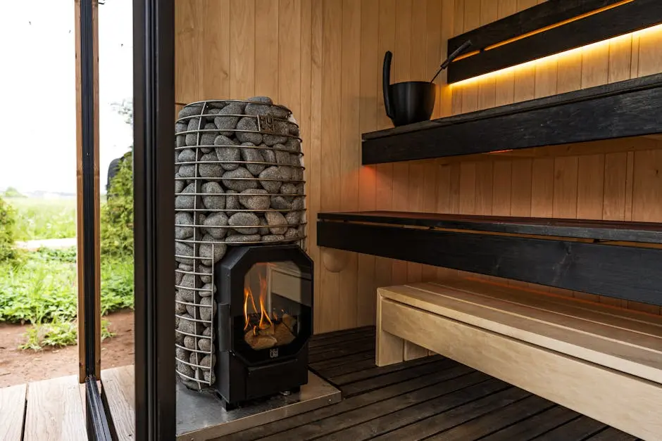 A beautifully designed Nordic sauna featuring a sleek electric heater and wooden interior for ultimate relaxation.