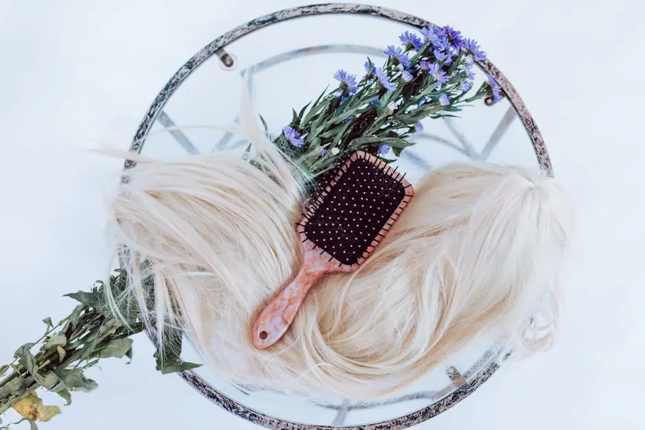 Blonde wig styled with brush and purple flowers on a round table, showcasing hair beauty and care.