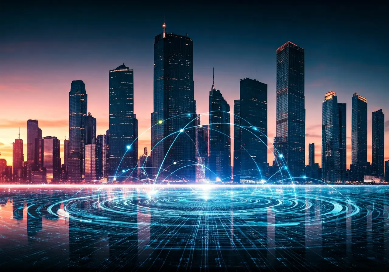 A vibrant, futuristic cityscape representing digital connectivity growth. 35mm stock photo