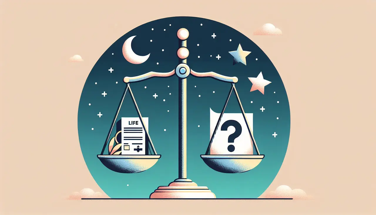 Draw a graphic in flat design style. A balanced scale with a life insurance policy on one side and a question mark with a crescent moon and star on the other, symbolizing the dilemma in the context of Islamic beliefs.