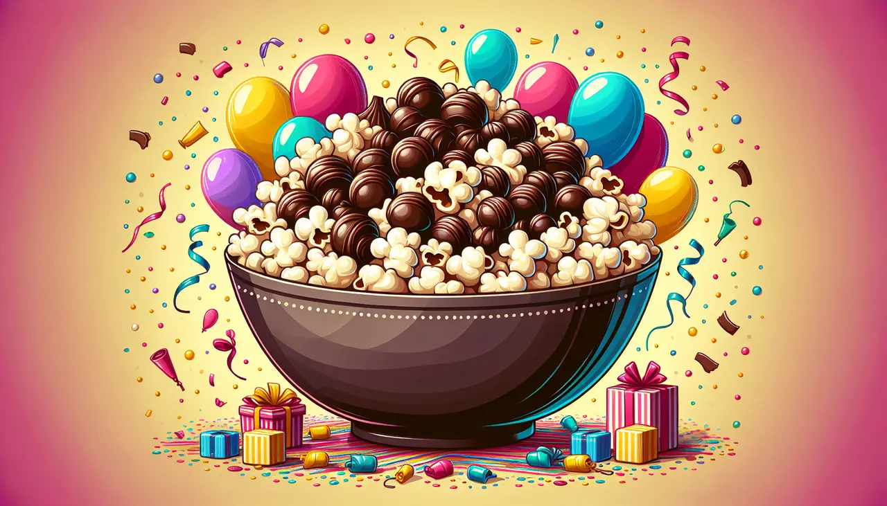 Draw a graphic in flat design style. A flat design image of a large bowl of chocolate-covered popcorn placed on a party table with subtle decorative elements like confetti and balloons in the background.