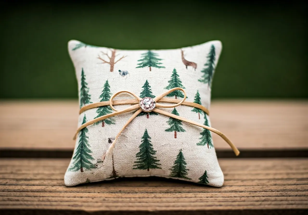 A small ring bearer pillow with a woodland theme. 35mm stock photo