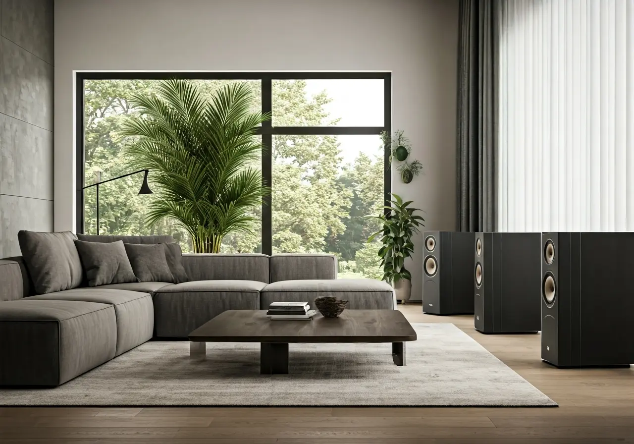 Modern living room with sleek wireless surround sound speakers. 35mm stock photo