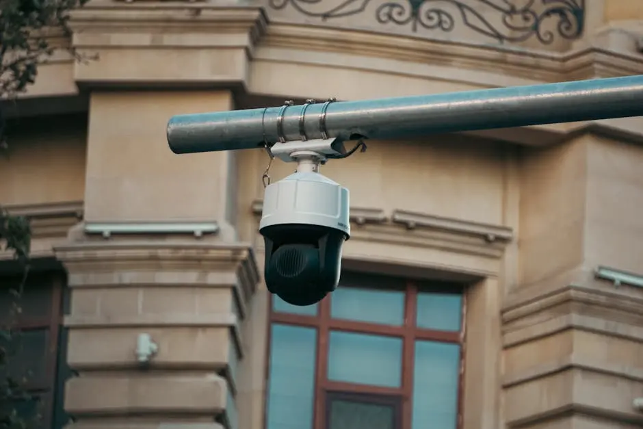 Close-up of a surveillance camera mounted on an urban building exterior, highlighting security.