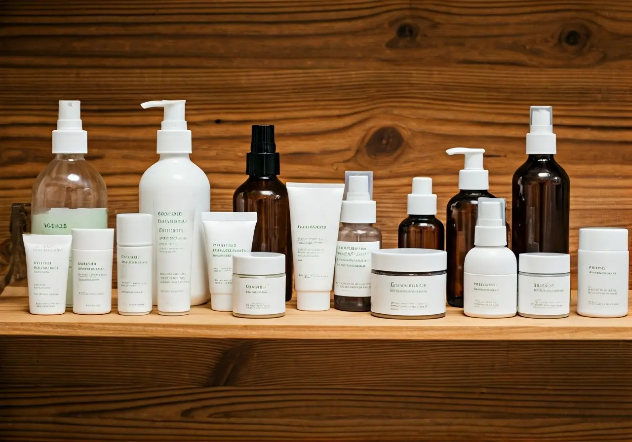 A variety of organic skincare products arranged on a wooden shelf. 35mm stock photo
