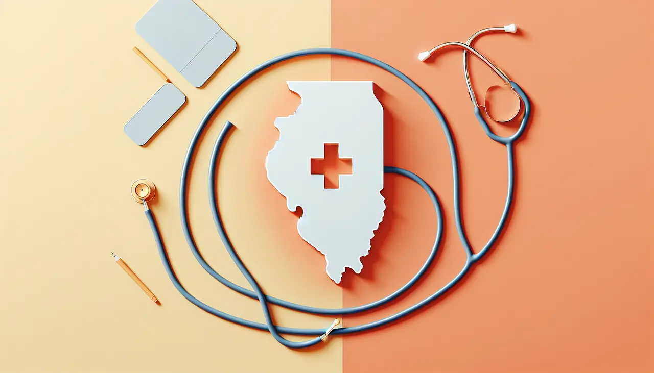Draw a graphic in flat design style. An illustration of the state of Illinois with a stethoscope around it, symbolizing health care, on a clean and uncluttered background.