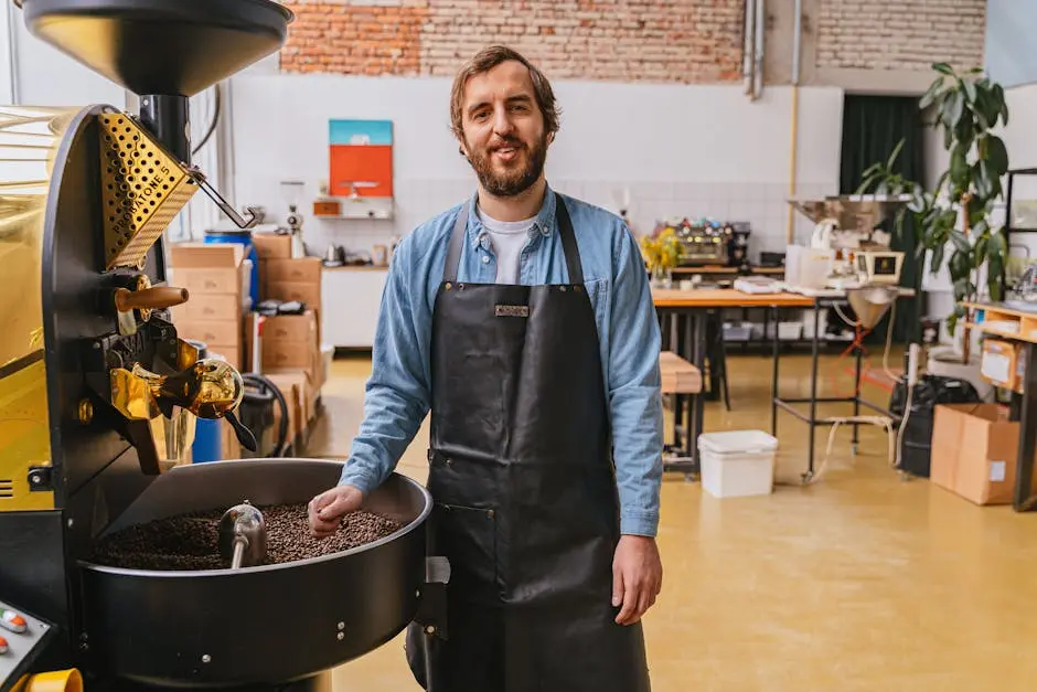 A master coffee roaster smiling beside a coffee roasting machine in a modern industrial setting.