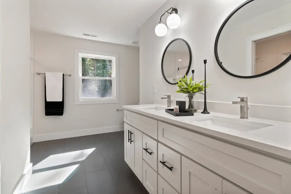 Elegant white bathroom with double vanity and round mirrors, showcasing modern design elements.