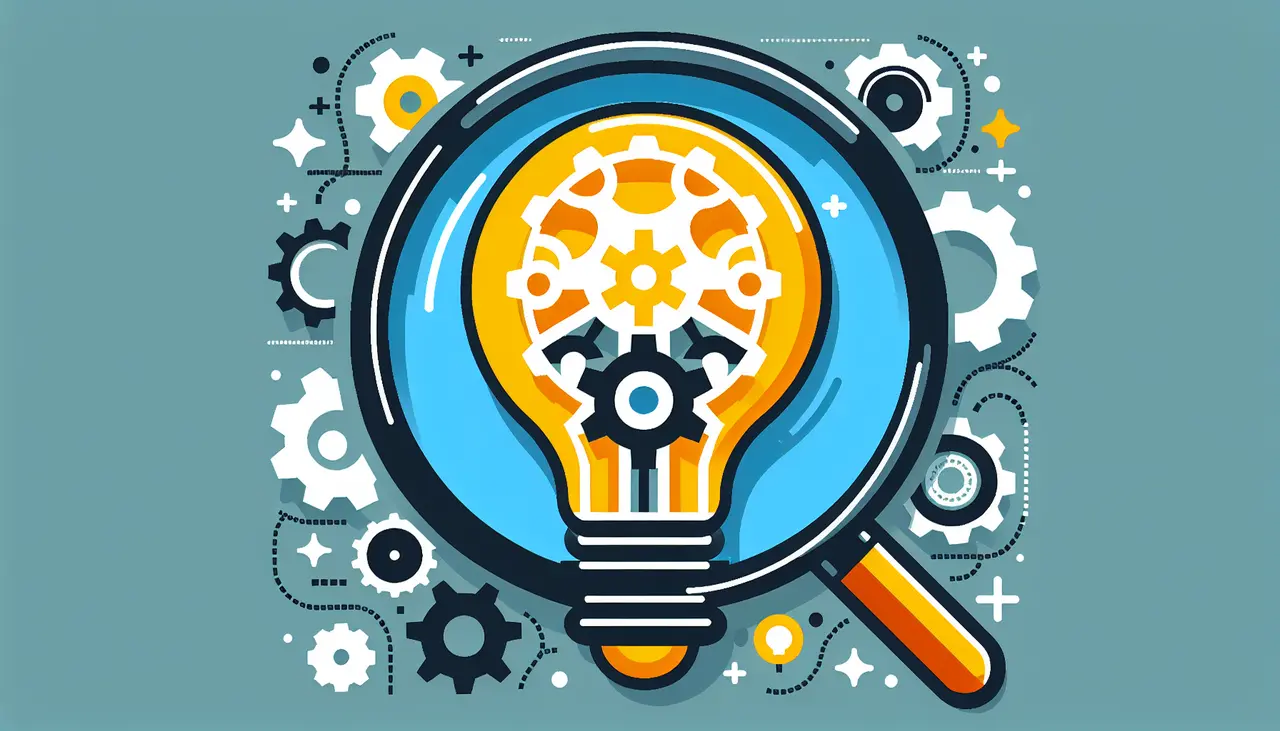 Draw a graphic in flat design style. A flat design illustration of a magnifying glass focusing on a lightbulb with gears inside, symbolizing initial testing and innovation for startups.