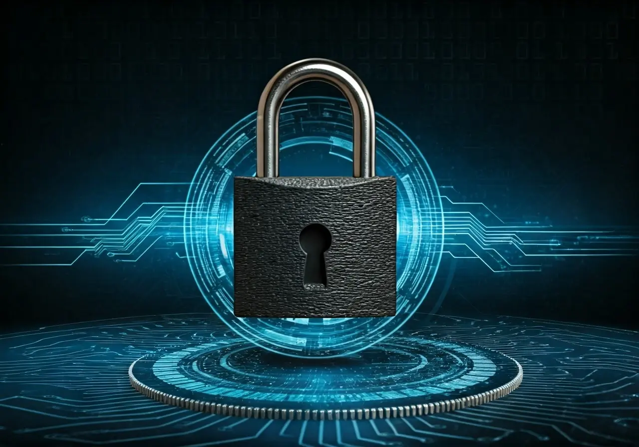 A padlock in front of a glowing digital circuit board. 35mm stock photo