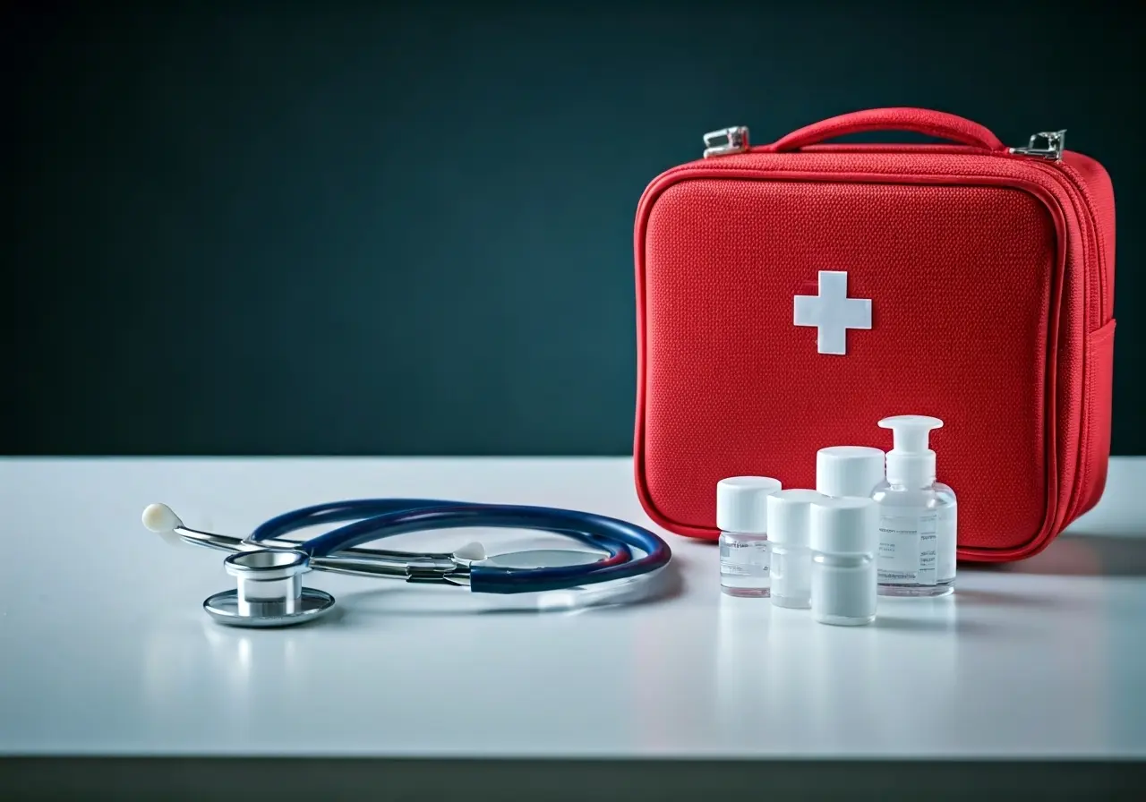 A stethoscope and first aid kit on a clinic table. 35mm stock photo