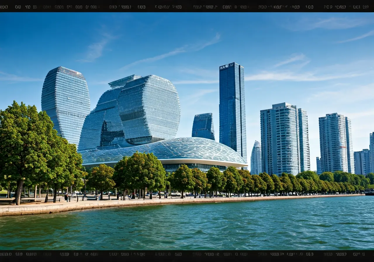 A futuristic city skyline featuring high-tech, sustainable smart buildings. 35mm stock photo