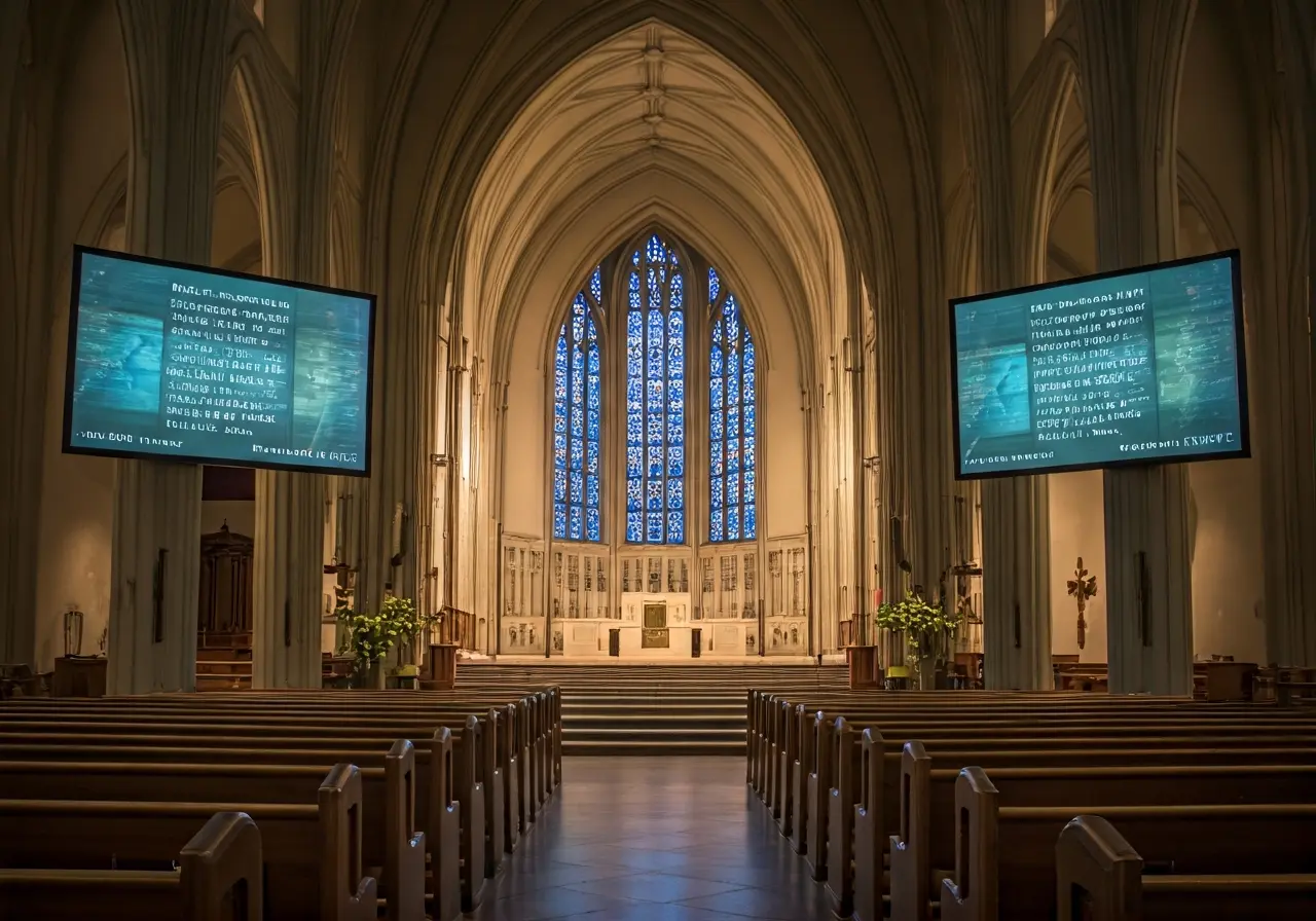 A modern church with digital screens displaying hymn lyrics. 35mm stock photo