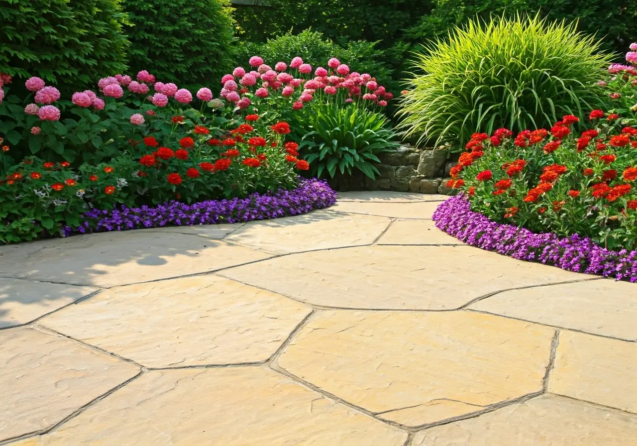 Natural stone patio with colorful flower garden in sunlight. 35mm stock photo