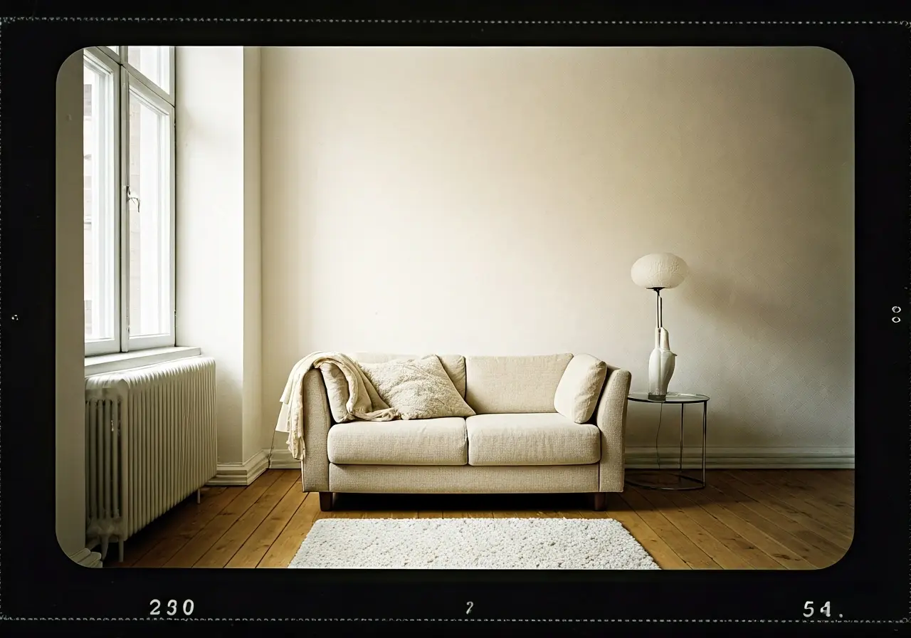 A serene room with a comfy chair and calming decor. 35mm stock photo