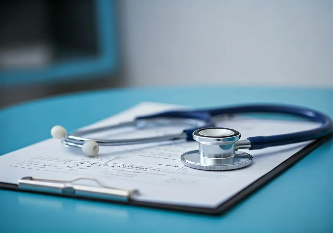A stethoscope and medical chart on a hospital table. 35mm stock photo