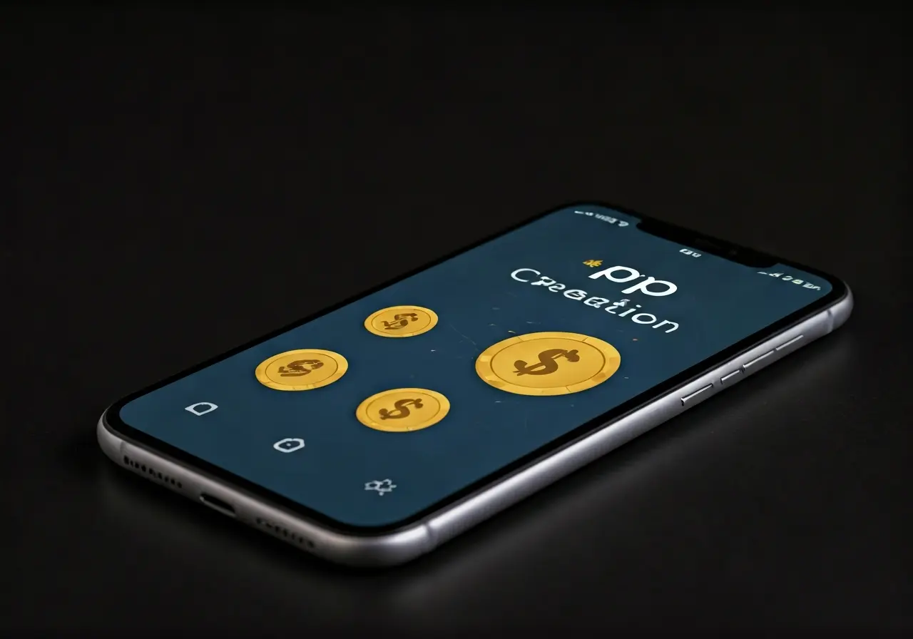 A smartphone displaying app creation process with budget symbols. 35mm stock photo