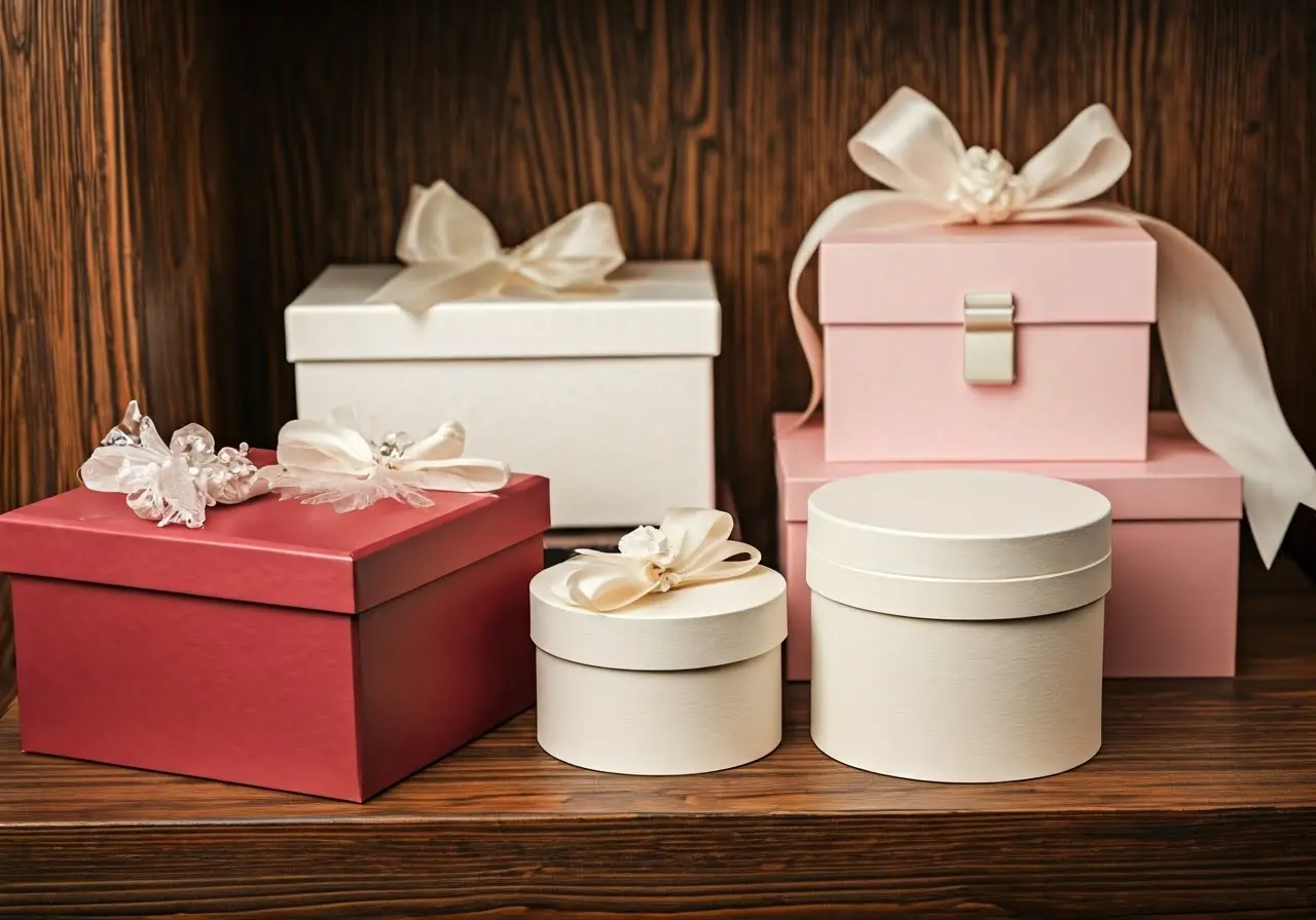 A collection of elegantly designed bride boxes on display. 35mm stock photo