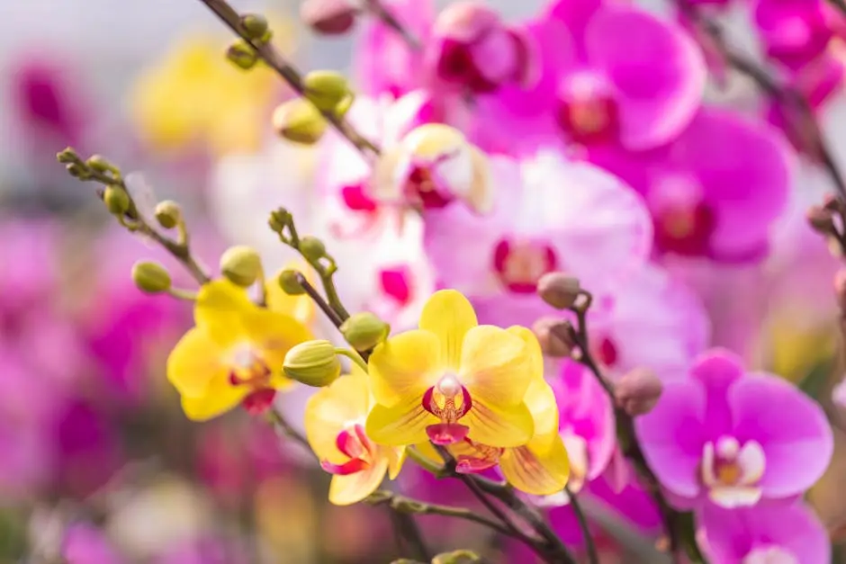 Close-up of colorful orchids in full bloom, showcasing their delicate petals and vibrant hues.