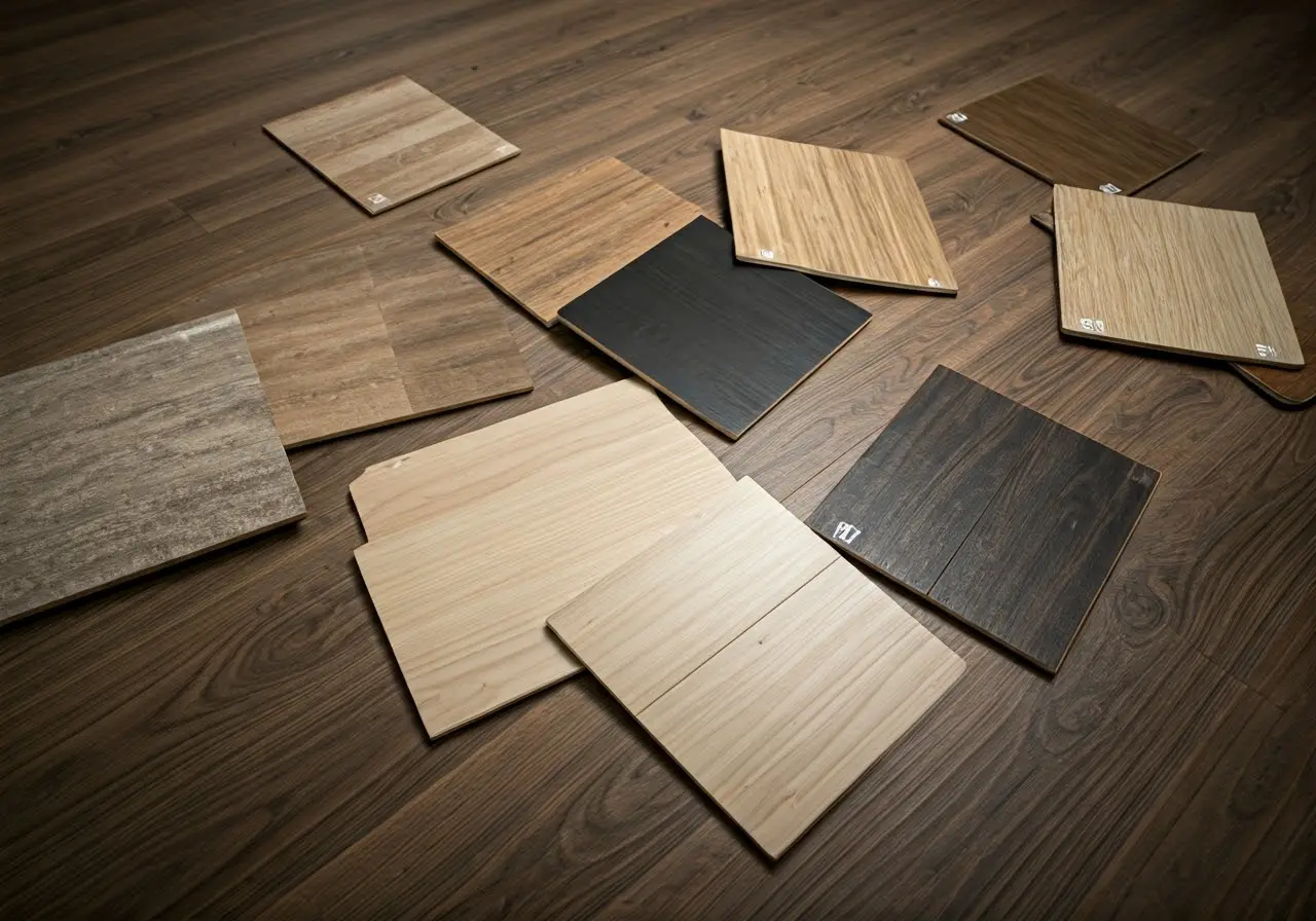 A variety of flooring samples spread across a clean floor. 35mm stock photo