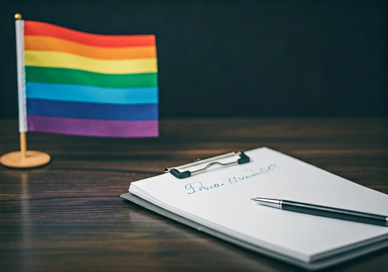 A rainbow flag beside a therapist’s notepad and pen. 35mm stock photo
