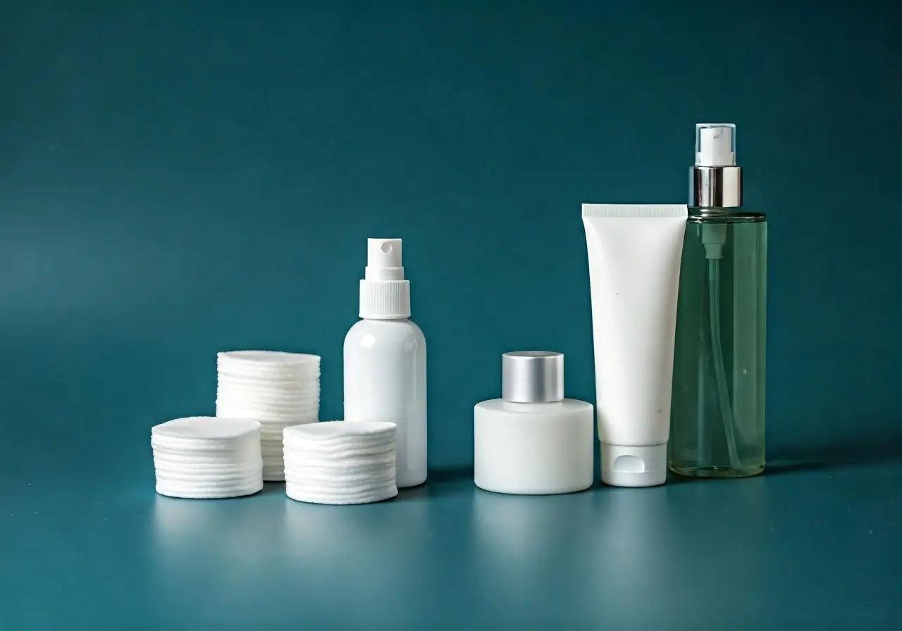 A neatly arranged collection of skincare products and cotton pads. 35mm stock photo