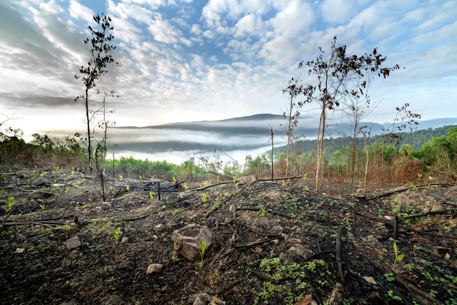 Green sprigs growing on burnt ground after fire in hilly terrain covered with clouds
