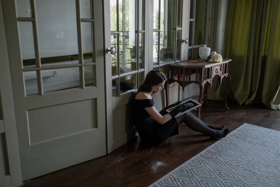A woman in black attire sits indoors, deeply engrossed in a framed photo, conveying emotions of reflection and nostalgia.