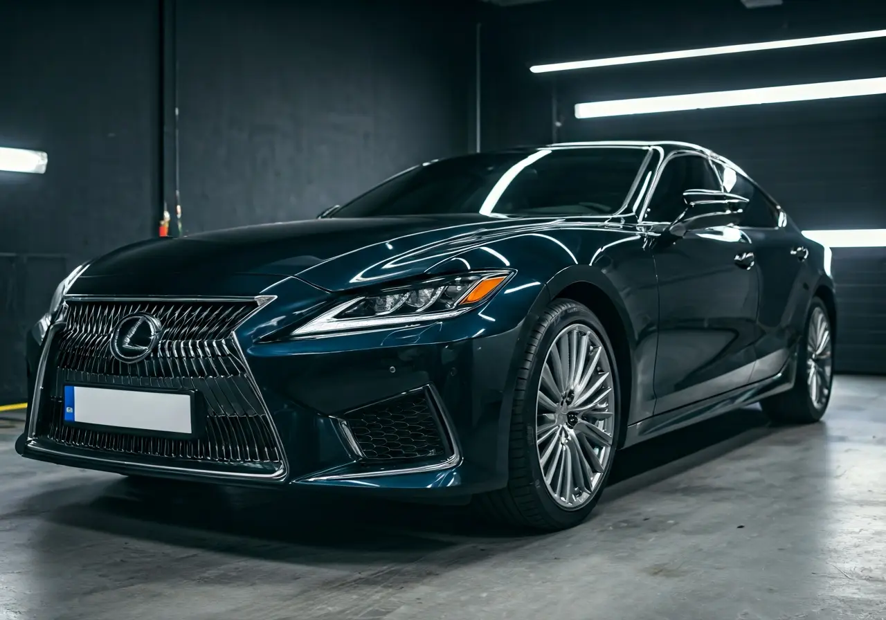 A luxury car in a detailing shop with polished paint. 35mm stock photo