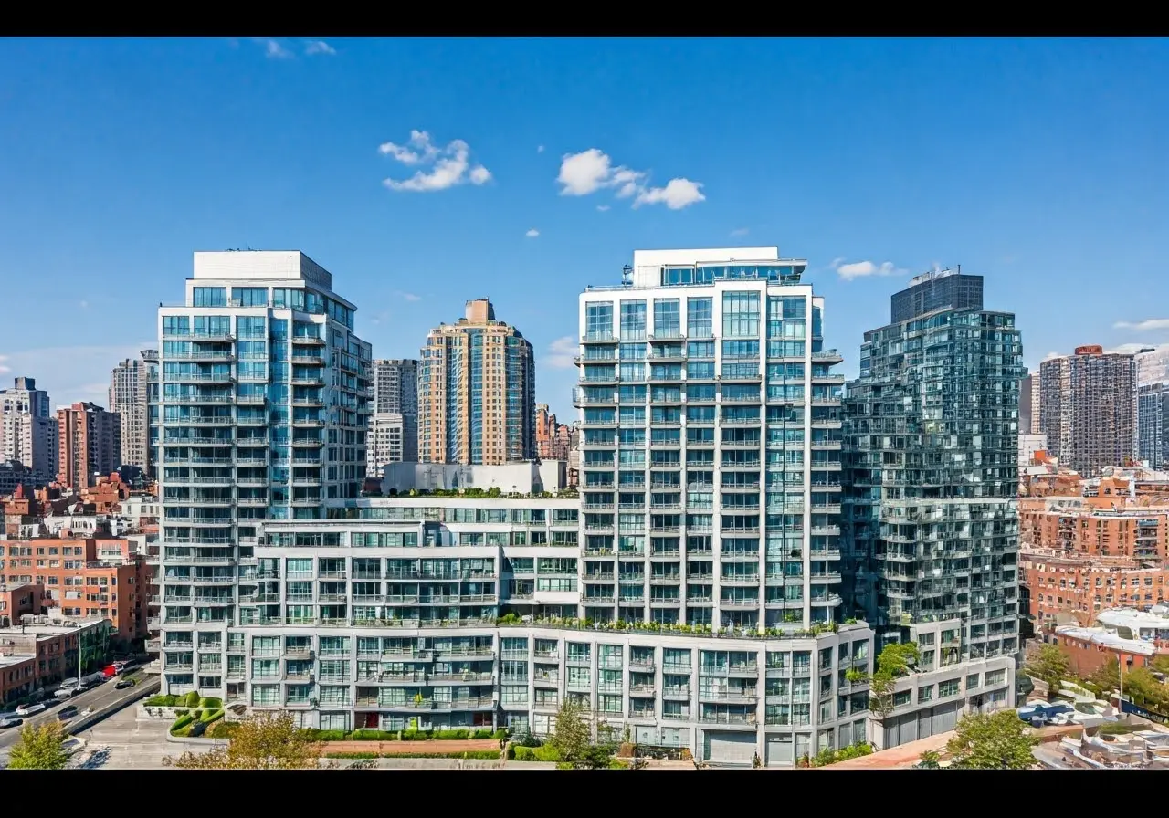 Aerial view of modern condos in urban Astoria skyline. 35mm stock photo