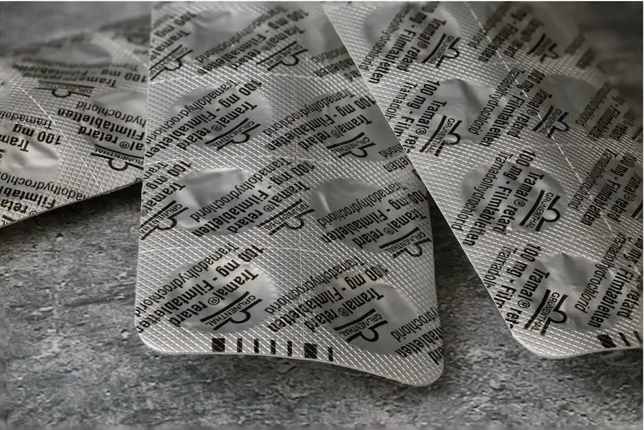 Close-up of Tramadol 100 mg blister pack on a textured concrete surface.